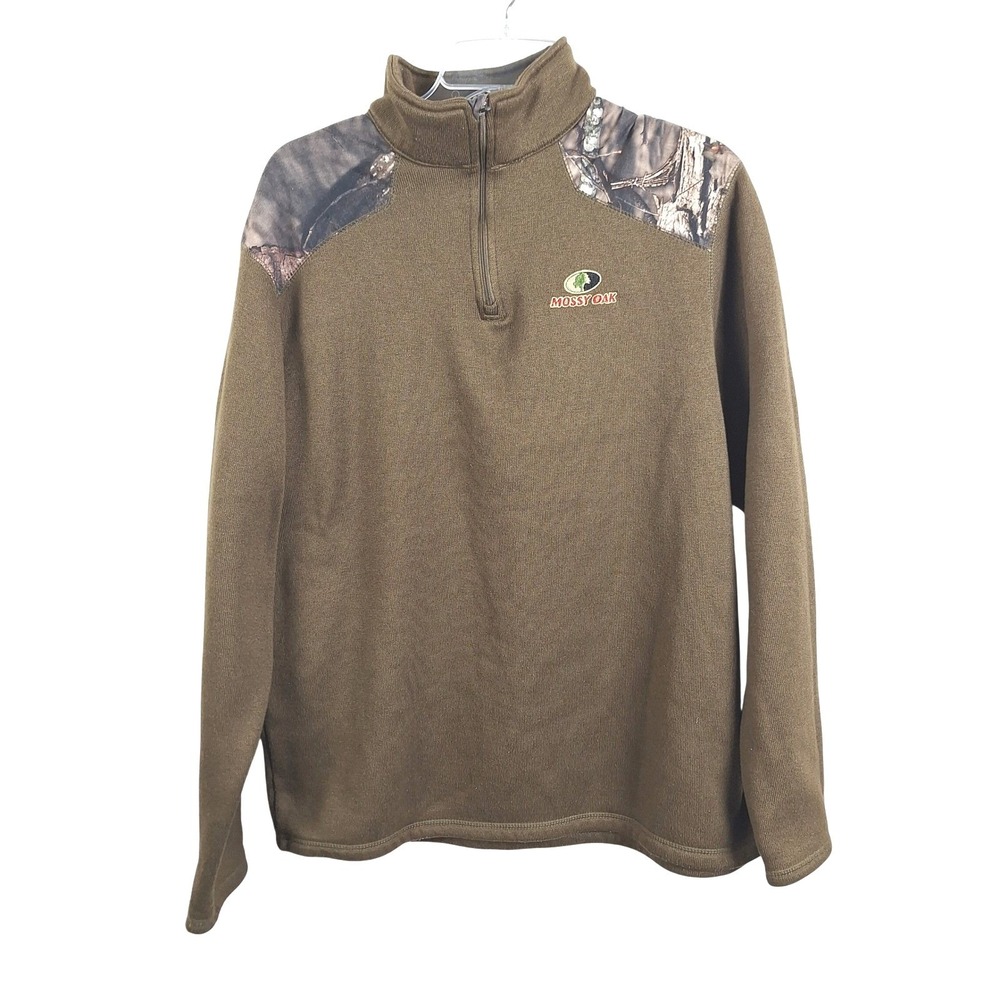 Mossy Oak Mens XL Brown Quarter Zip Fleece Pullover Camo Shoulder  Sweater